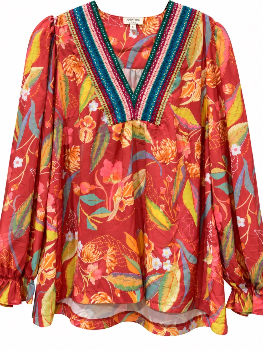 Umgee Red Floral Embroidered V-Neck Peasant Blouse